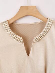 Franclia Women's Elegant Summer Cream Satin Short Dress,Small V-Neck Beaded Pearl Decor,Champagne Silk Knit Fabric,Dining Wedding Guest Party Stylish Dress - Champagne - View 4