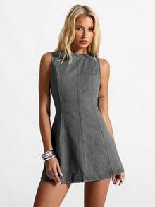 Jeanoix 女士纯色无袖露背系带时尚牛仔夏季连衣裙 - 深灰色 - 查看 4