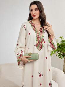 Yasmyna Women's Spring/Summer Woven Textured Printed Long Sleeve Embroidered Collar Elegant Arabic Dress - Multicolor - View 7