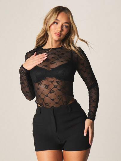 MISSGUIDED Long Sleeve Floral Lace Mesh Bodysuit With High Neckline For Evening Events Party Occasions Formal Layering Style
