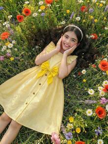 Girls' Cute Yellow Striped Dress,Summer Holiday Bow Decoration Ruffle Edge Hem Button Loose Comfortable Soft Design For Tea Party,Daily Wear,School - Multicolor - View 3