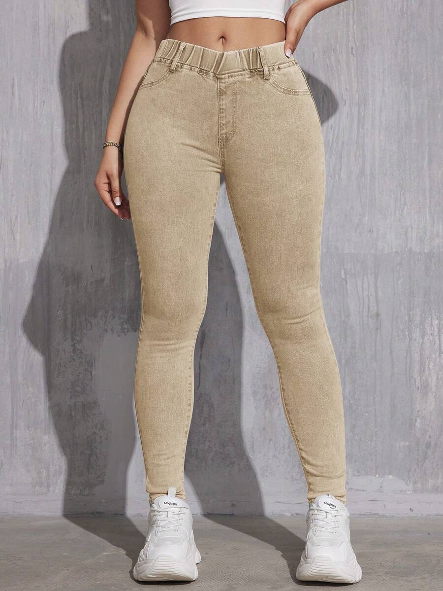 EMERY ROSE 优雅休闲百搭修身高腰黑色梭织女式牛仔裤，四季皆宜 - 卡其色 - 查看 1