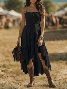 Balvessa Bohemian Style Casual Vacation Front Short Back Long Cinched Waist Women's Mid-Length Dress - Black - View 1