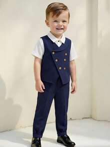 SHEIN Tween Boy Gentleman Suit Grey Blazer Vest Elastic Waist Pants Set, Suitable For Birthday Party, Evening Event, Performance, Wedding, Baby Shower, 1st Birthday Celebration - Royal Blue - View 4