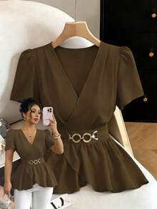 Selianne Áo cánh dáng ôm, cổ chữ V, tay áo xếp nếp, trang trí eo, cài nút, viền chéo, thiết kế xếp nếp, thanh lịch, đa năng, mặc hàng ngày - màu nâu - Xem 4