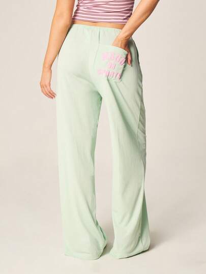 MISSGUIDED 薄荷绿罗纹阔腿束口慢跑裤，侧边口袋设计，休闲舒适，居家休闲风。