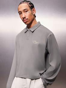 PLAYBOY X SUMWON Camisa polo de manga larga con cuello y logo en el pecho, de corte regular y textura acanalada, para hombre - Gris - Ver 5