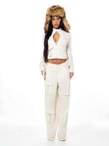 SUMWON WOMEN 短款亚麻质感工装夹克，带人造毛皮兜帽和前拉链，配有多个口袋，冬季外套 - 白色 - 查看 5