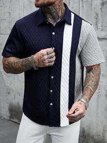 Manfinity Homme 男士条纹单排扣休闲/商务短袖衬衫 - 彩色 - 查看 6