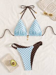 Swim Mod Women's Summer New Contrast Color Polka Dot Print Reversible Halter Tie Back Sexy Bikini Set, Suitable For Beach, Vacation - Multicolor - View 8