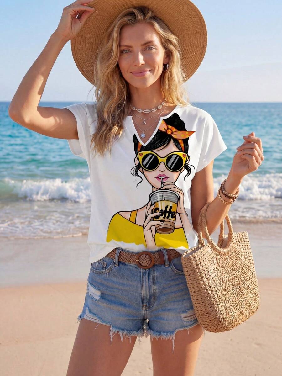 Sylviya 休闲可爱黄色女孩图案女式衬衫，适合夏季度假穿着，时尚女式上衣，休闲度假之选。 - 彩色 - 查看 1