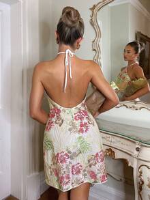 Glamine Elegant Palace Style Romantic Thousand Gold Wind, Romantic Date Fashion Charming Ladies Spaghetti Strap Dress, Beach Vacation, Urban Commute Graceful Business Floral Cinched Waist Dress - Multicolor - View 2