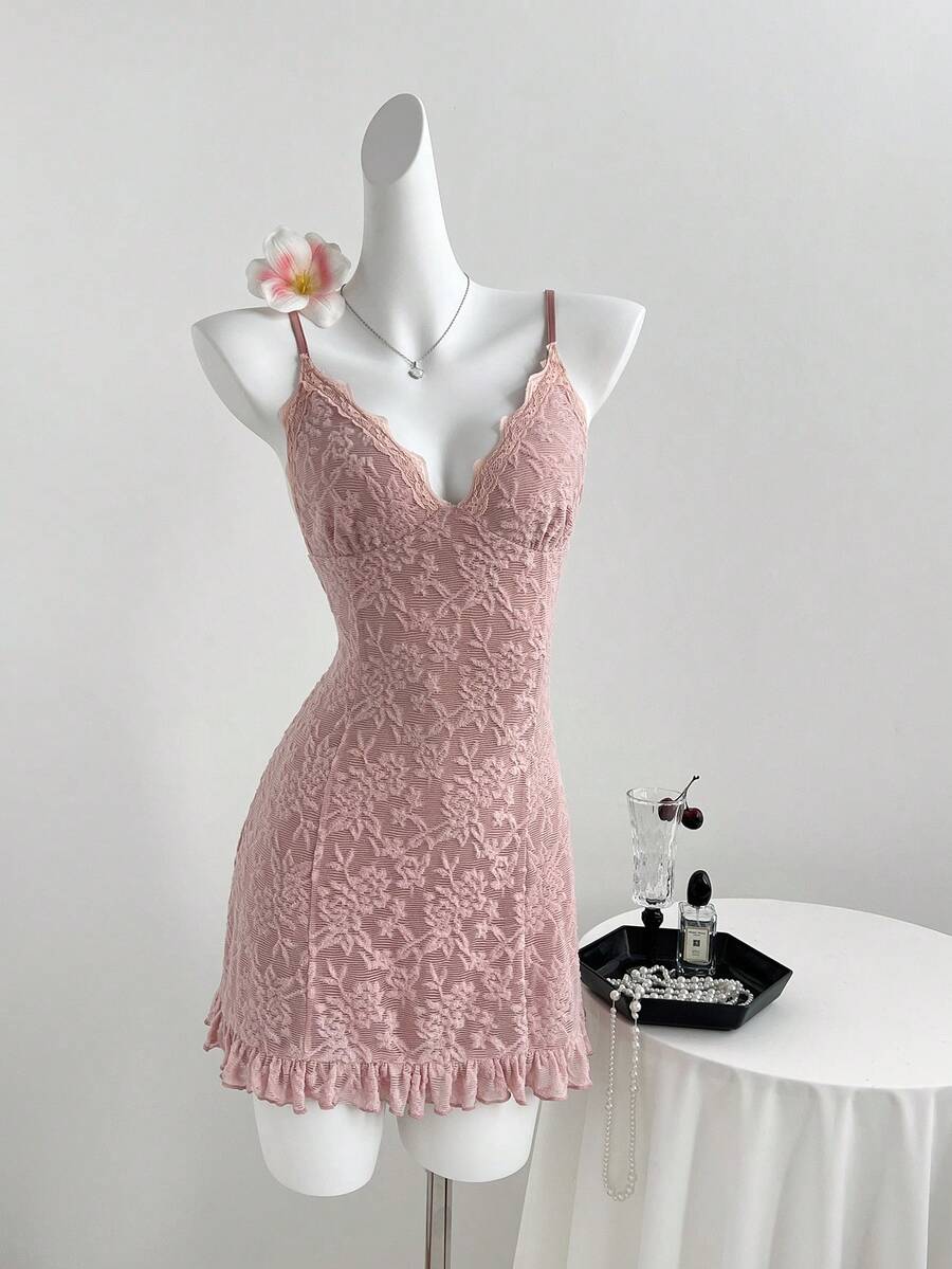 Elamini 女士蕾丝拼接荷叶边V领修身连衣裙 - 粉色 - 查看 1