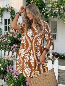 Linhara 女士休闲印花V领系带袖短款连衣裙，舒适百搭，适合通勤、休闲、海滩、日常办公穿着，春夏皆宜。 - 彩色 - 查看 6