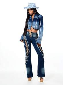 SUMWON WOMEN Distressed Lace Up Side Flare Bottom High Rise Denim Jeans With Raw Hem Frayed Details - Blue - View 3
