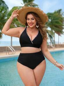 Swim Lushoire مجموعة بيكيني للسيدات بحجم كبير، كاجوال للعطلات والشاطئ، بتصميم رقعي وحماّلة عنق - الأسود - مشاهدة 4