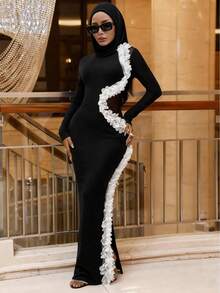 Lureya 女士时尚圆领不对称长袖 3D 花卉装饰拼接性感紧身迷你连衣裙，带网眼嵌件 - 彩色 - 查看 9