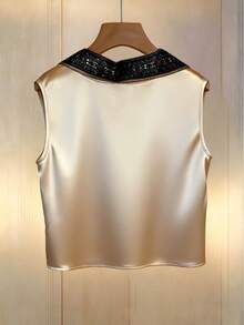 Franclia Women's Satin Blouse With Scarf, Short Sleeve - Apricot - View 2