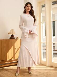 SHEIN Raffinéa 女士优雅圆领腰部褶皱不对称下摆褶皱连衣裙 - 杏色 - 查看 4