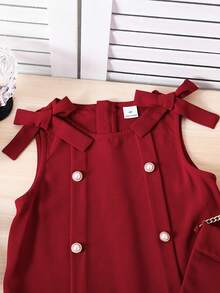 SHEIN 女童纯色针织修身连衣裙，饰有3D蝴蝶结，无袖休闲款 - 紅色 - 查看 5