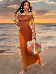 Lureya 女士时尚露肩扎染紧身连衣裙，收腰设计，性感迷人，适合旅行、假日派对、日常穿着，春夏皆宜 - 彩色 - 查看 5