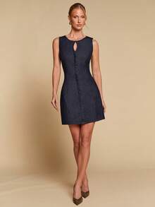 COSMINA Women's Elegant Sleeveless Teardrop Collar Waist Flared Denim Mini Dress, Versatile For Commuting, Party - Dark Wash - View 3