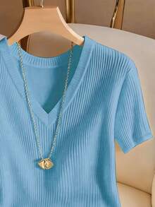 Franclia 女士优雅休闲V领短袖T恤 - 藍色 - 查看 3