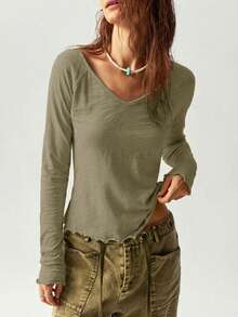 Bohemela 女士度假波西米亚风休闲秋冬 V 领长袖宽松 T 恤 - 軍綠色 - 查看 5