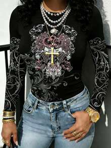 Rovax Áo thun dài tay ôm dáng dành cho nữ, in họa tiết hoa cổ điển, đính đá, phong cách Subculture, tối màu. - màu đen - Xem 5