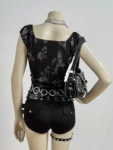 EgrlEra Áo sơ mi nữ cổ rộng, xếp ly, họa tiết hoa tối màu cổ điển - màu đen - Xem 2