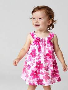 SHEIN Playful Pals 女婴碎花彩色吊带连衣裙，优雅休闲可爱夏季度假装 - 粉色 - 查看 3