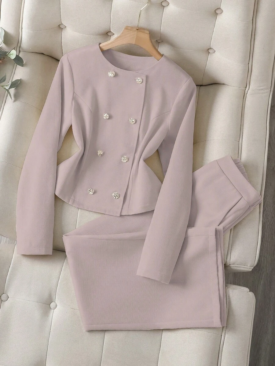 Franclia 女士优雅纯色圆领长袖两件套 - 淺灰紫 - 查看 1