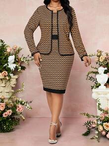 Fleurora Bộ 2 món áo khoác cardigan tay dài họa tiết hình học và váy ôm sát dành cho nữ cỡ lớn, thanh lịch - trái cam - Xem 4