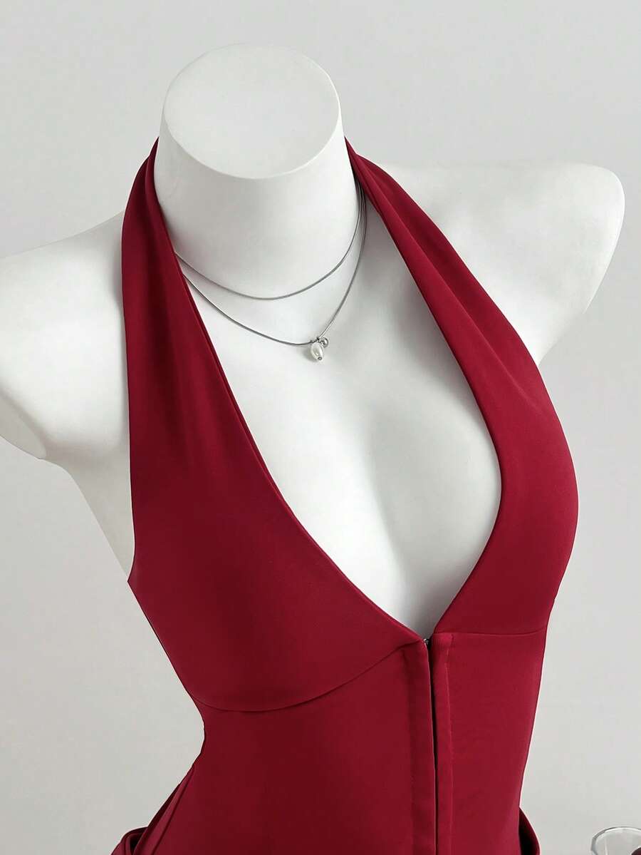 Elamini Women's V-Neck Casual Pleated Dress With Belt Deep V Neck Dress Dress Red Built In Bra Dress Dress Top Collar Dress - Red - View 1