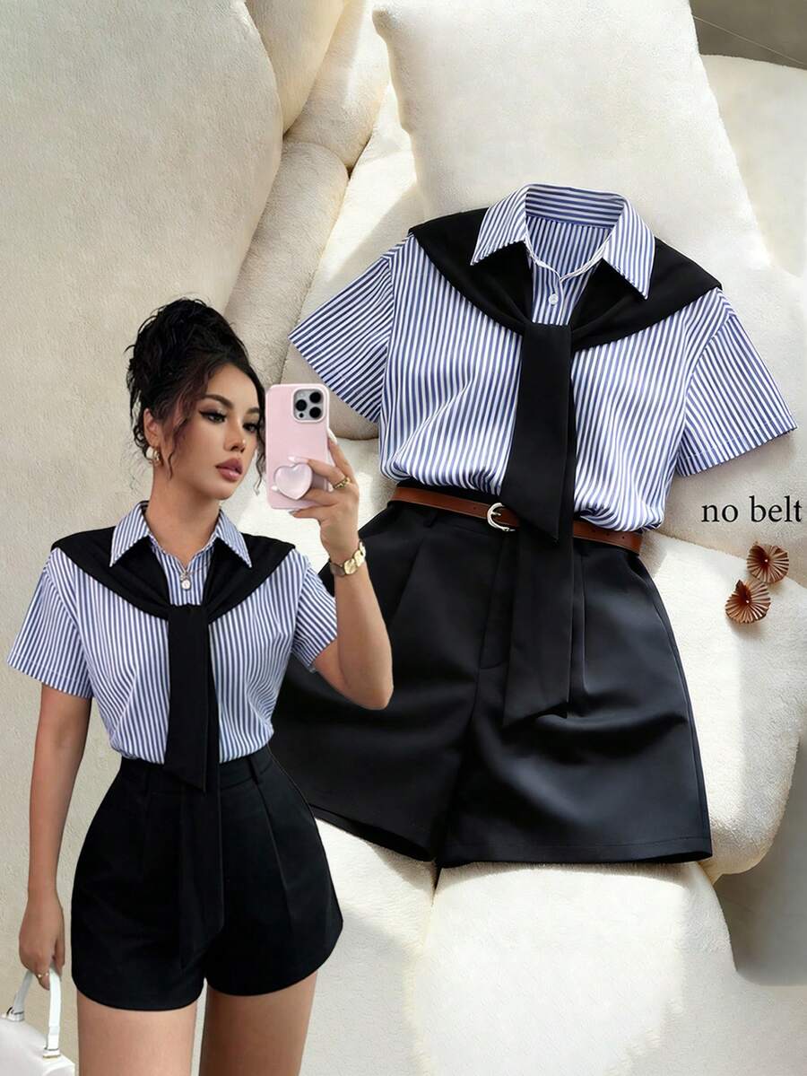 Franclia French-Style Casual Chic, Versatile Blue And White Striped Two-Piece Suit With A Shawl And Black Blazer Shorts. Preppy Style, Spring/Summer Wear, Summer Outfit, Elegant Suit, Women's Casual Wear, Women's Holiday Wear. - Blue and White - View 1