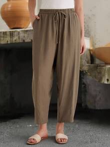 Parysyn 大码梭织休闲度假春夏裤 - 棕色 - 查看 3