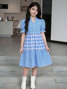 SHEIN 少女翻领格子印花拼接A字休闲连衣裙，适合春夏度假和日常休闲穿着 - 藍色 - 查看 4