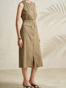 Airaco Women's Casual Everyday/Work Commute Striped Print Flap Pocket Belted Sleeveless Dress, Summer - Brown - View 8