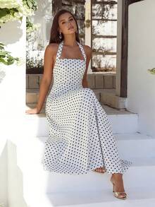 NOVVYNE 女士波点连衣裙，优雅无袖 - 黑與白 - 查看 6