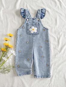 SHEIN Vintaside Kids Bộ áo liền quần denim màu xanh dương cho bé gái, kiểu dáng thường ngày, dễ thương, thêu hoa, có dây đeo, thích hợp cho các buổi đi chơi và tiệc tùng. - Màu xanh lam - Xem 4