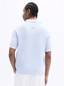 SUMWON Polo Rajut Ribbed Lengan Pendek Kasual Musim Semi/Panas dengan Detail Ujung, Potongan Santai dan Resleting Seperempat, Polos - Baby Blue - View 2