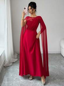Rafferiza 女士长袖撞色网纱刺绣连衣裙 - 紅色 - 查看 3