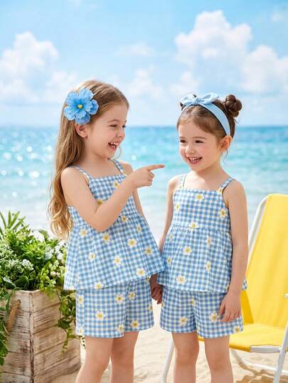 【两件套】甜美清新风蓝白格纹+笑脸花朵印花吊带+短裤，面料轻薄可爱，减龄两件套，适合6个月至2-3岁女童，日常外出，夏季童装