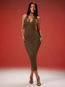 Denimoi Women's Sexy Fashion Street Chic Solid Deep V-Neck Crisscross Back Grommet Bodycon Dress - Brown - View 4