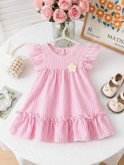 SHEIN Baby GirlColorful Striped Floral Trim Casual Cute Dress With 3D Flower Decor, Spring/Summer