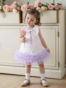 SHEIN Baby Girls' Elegant Sleeveless Bow Decor Ruffle Mesh Dress, Minimalist Fashion For Spring/Summer - Mauve Purple - View 4
