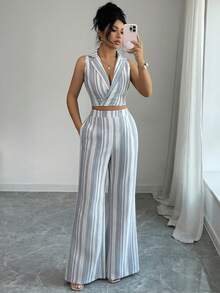 Elenzga New Spring/Summer Textured Linen Blue & White Striped Lapel Sleeveless Top And Casual Flared Dual Pocket Pants Elegant Casual Fashion 2-Piece Set - Multicolor - View 3