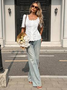 Pariaura Women's Elegant French Lace Embroidered Short Sleeve Button-Up Blouse - White - View 7