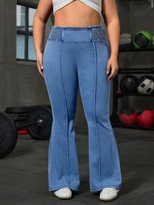 Flexra 大码女式街头休闲运动牛仔喇叭裤 - 淺色水洗藍 - 查看 4