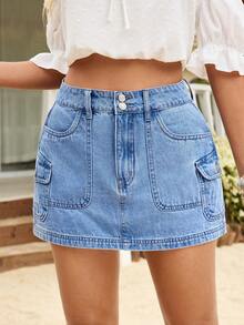 Breezaya Women's Utility Pocket Casual Waist Button Design Denim Mini Skirt - Blue - View 4